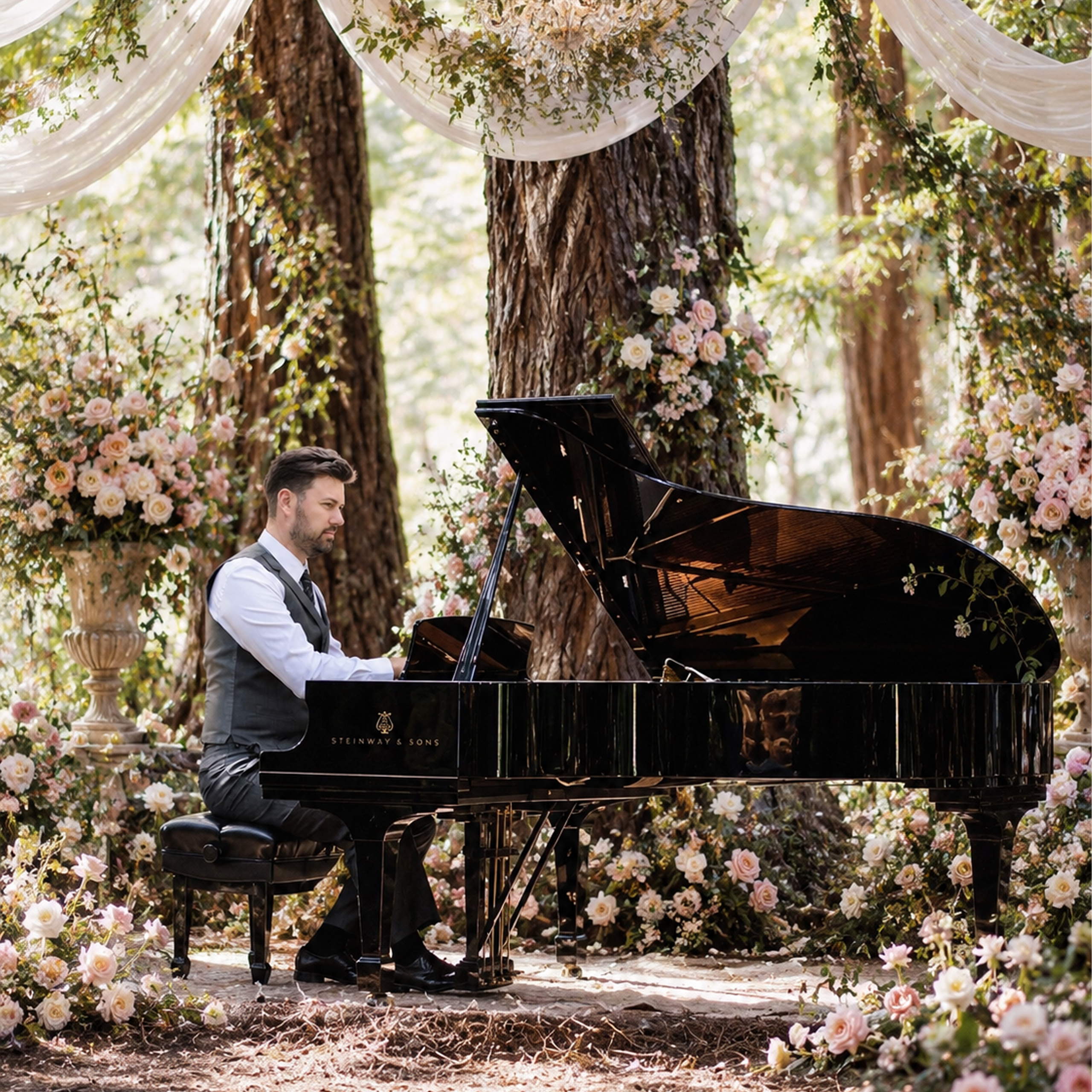 Malibu wedding setting with live piano for ceremony and cocktail hour