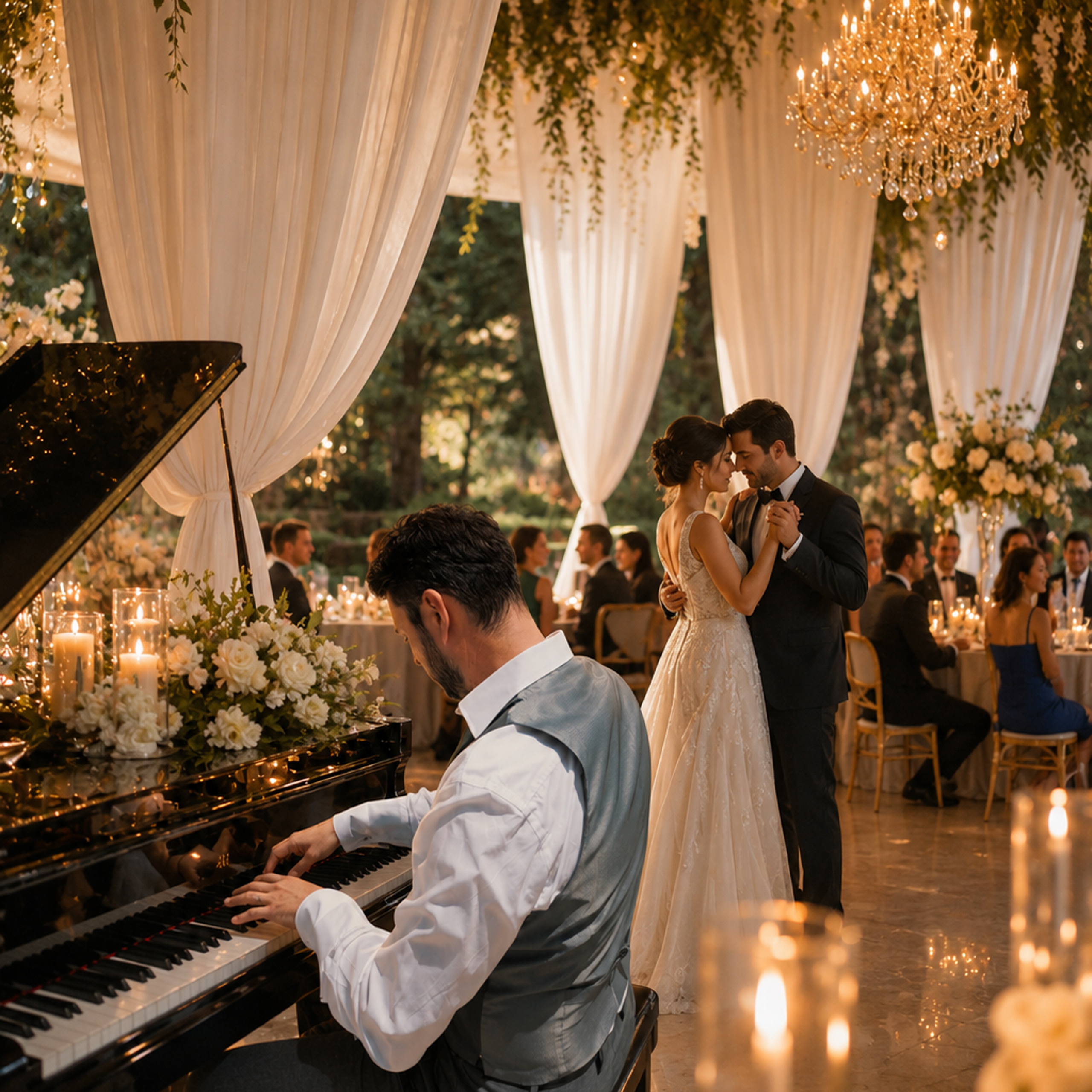 Costa Mesa wedding music setting with live piano for cocktail hour and ceremony